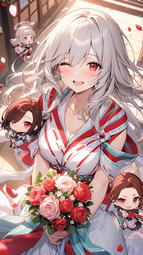 ( best quality, ),  Beautiful Women (Red Eyes ), elements surrounded by beautiful petals、heart、 Silver Hair,Shrine maiden， well-groomed face from a sense of distance、smile、 cute expression (目がheart、 close one eye、)、 winks、 red eyes、(Chibi character)bouquet...