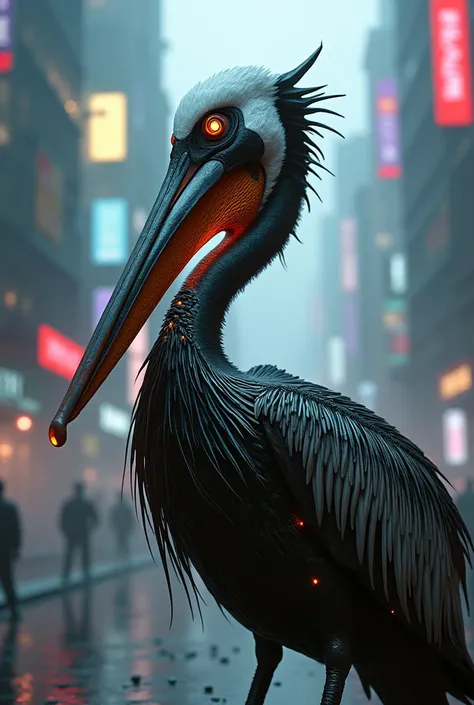 Pelican infected by AI, cyberpunk, pelican cyberpunk 