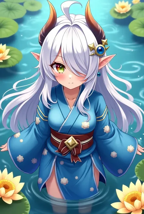  Anime girl with long white and blue hair . the bangs cover one eye. She has horns on her head . elf ears.  Green and red eyes .  Star earrings .  A vow in blue kimanos with a flower-shaped bow on her belt. hips open.  The hydro eye of God hangs at her wai...