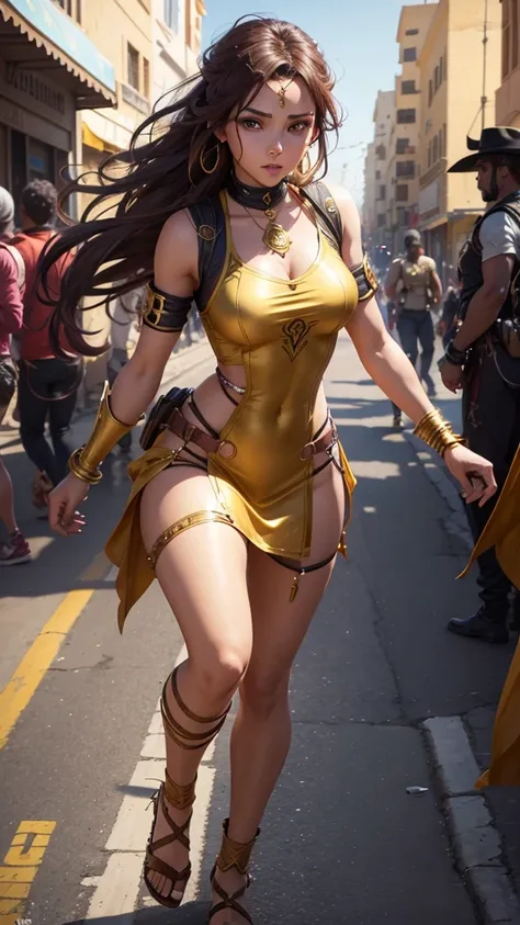 8k wallpaper of a beautiful anime adventurer girl wearing gold jewelry in the streets of a city in the Western Sahara, by artgerm, intricate detail, trending on artstation, 8k, fluid motion, stunning shading