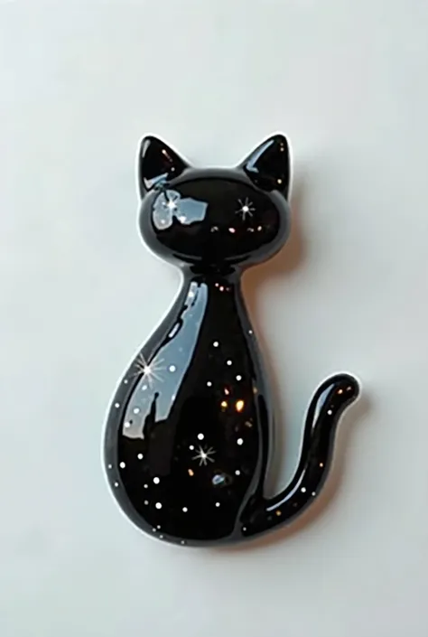 simplified glass brooch in the shape of a black cat,  without contours and frames ,  pearlescent sparkles in brooches,  minimalist background , aesthetic atmosphere 