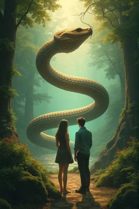 A snake as a symbol of enlightenment and wisdom standing in front of a human couple