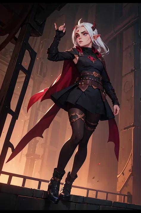 A young woman. one person. Zaun background (League of legends). She has white hair. pink/red eyes. Her ears are pointed and elven-like. She has two small red horns on her forehead. She has a horizontal scar covering her left eye. She wore a rose-gold turtl...