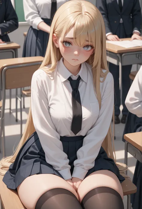 Women, 18 years old, body type often ,  thick thighs ,  big and firm boobs ,  Long Blonde Hair , almond colored eyes, blushing face, schoolgirl outfit  ( white shirt , black tie, Black miniskirt,  long black stockings )  sitting in the middle of class, peo...