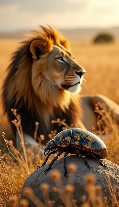  "Depict a savanna scene where a lion lounges in the golden grass, while a large, shimmering scarab beetle rests nearby on a rock, both facing outward, representing a quiet yet powerful connection in nature."