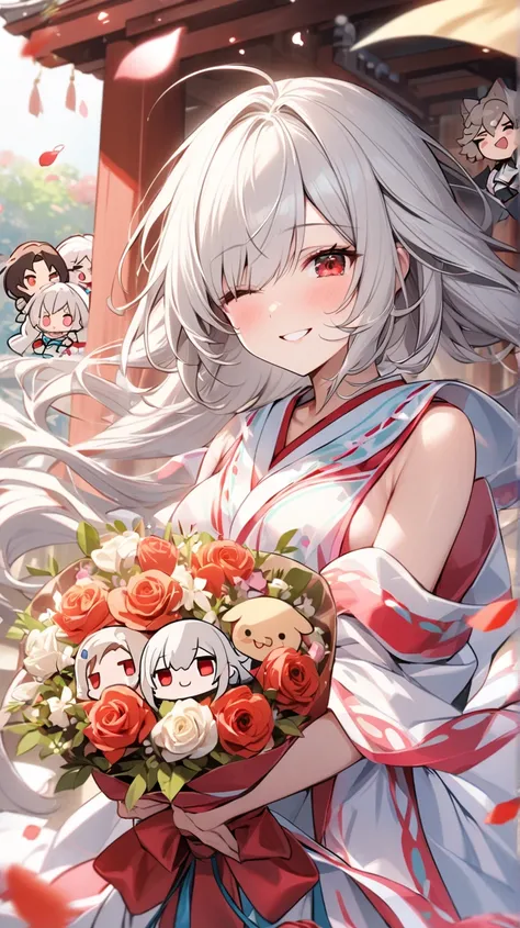 ( best quality, ),  Beautiful Women (Red Eyes ), elements surrounded by beautiful petals、heart、 Silver Hair,Shrine maiden， well-groomed face from a sense of distance、smile、 cute expression (目がheart、 close one eye、)、 winks、 red eyes、(Chibi character)bouquet...