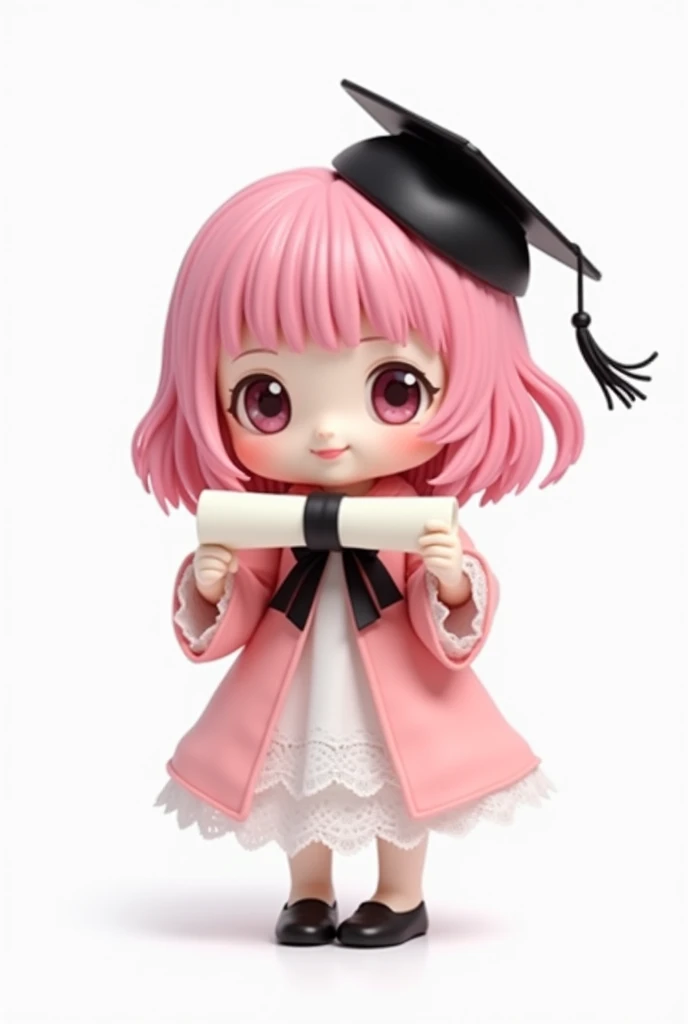  Cute doll style dressed as pink graduation Beca with little black slipper,  With a diploma in her hand with pink hair on her head  .  white background