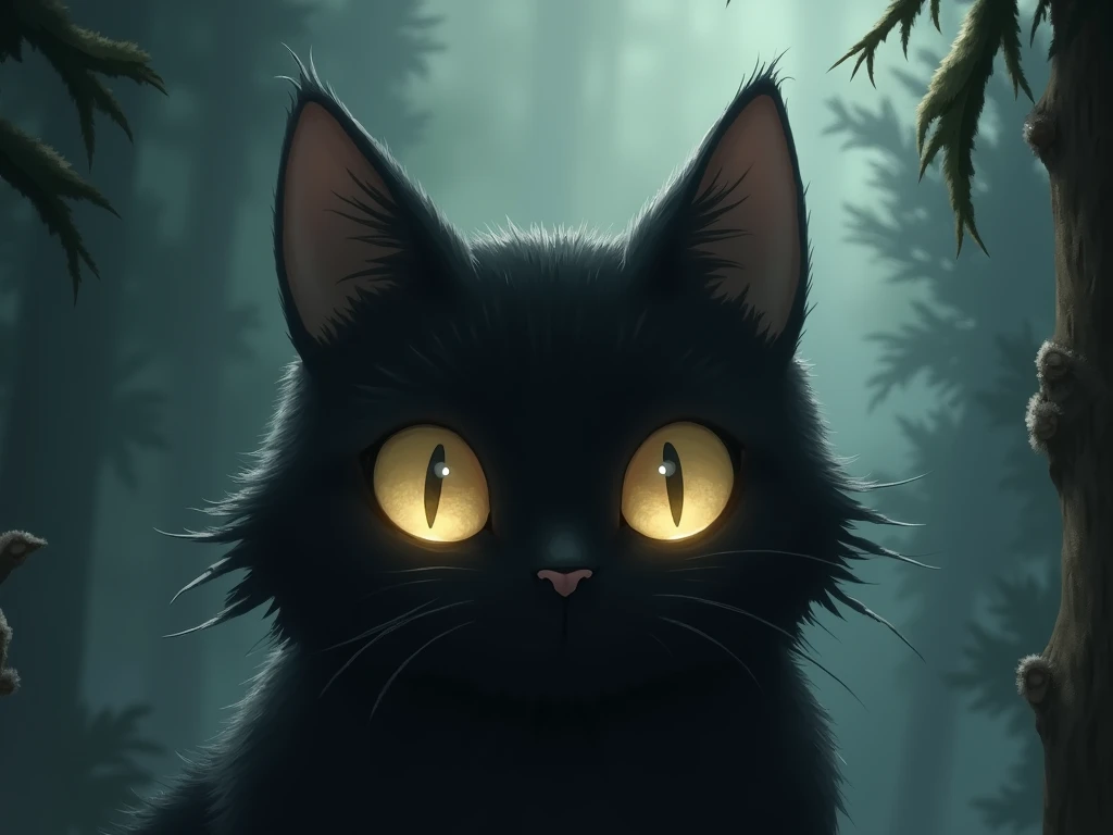 A black cat with only a face　Ghibli style 