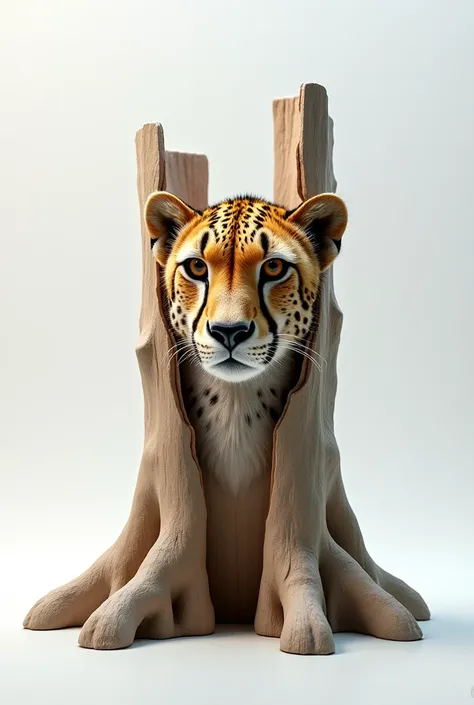  A tree stump in a white setting carved in half to the left of a cheetahs head. 