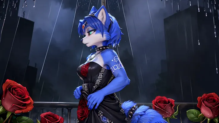 a picture of ((krystal)), Star Fox-Krystal, lovable, green eyes, ((( long blue hair 1 .3))), Decollete, anthro, Fuzzy,  detailed Fluffys fell,  detailed face , (Fluffy), Alone,    dark clothes 、dark good、dark skirt、 Best bust、Ravine、Luck、provocative behavi...