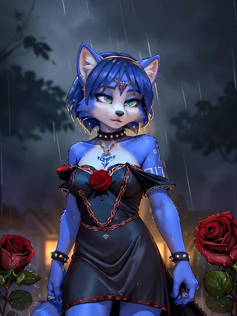 a picture of ((krystal)), Star Fox-Krystal, lovable, green eyes, ((( long blue hair 1 .3))), Decollete, anthro, Fuzzy,  detailed Fluffys fell,  detailed face , (Fluffy), Alone,    dark clothes 、dark good、dark skirt、 Best bust、Ravine、Luck、provocative behavi...