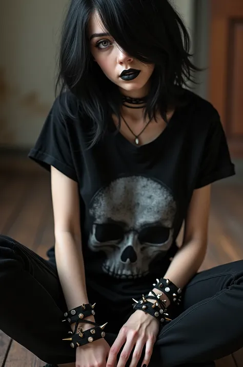 Ultra-realistic, masterpiece, ((Ultra detailed background, Intricate details)), best quality, Intricate details, Chromatic Aberration, woman, 20 years old, looking at viewer, black hair, hair over one eye, black lipstick, black tshirt, skull pattern, short...