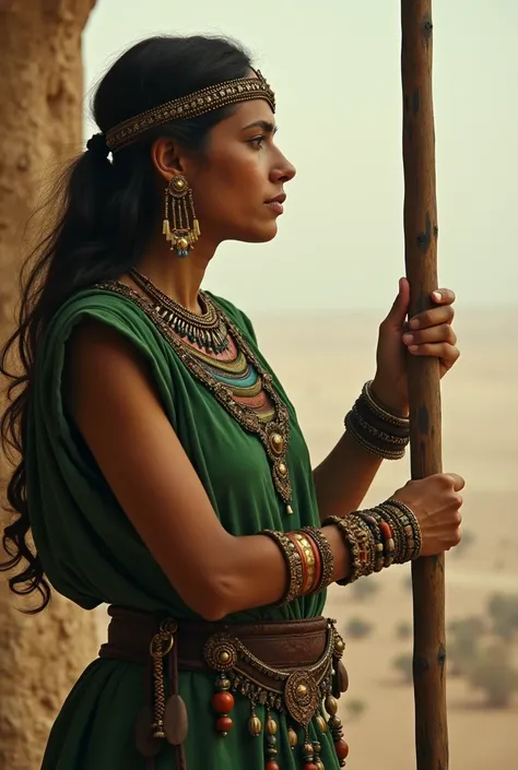 A wise woman with Andean features who wears a green tunic and has jewels , He is in profile looking to the right, holding a wooden rod with his left hand and pointing to the horizon with his right hand.