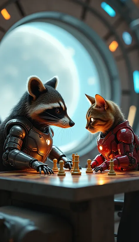 An ultra-realistic, highly detailed, realistic rendering of a cyborg raccoon inspired by Rocket Raccoon and a cute, adorable cat wearing a miniature Iron Man suit, playing chess in a futuristic space station. The raccoon has glowing cybernetic arms, and th...