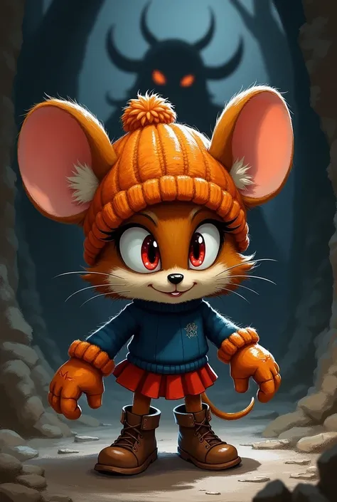 Pequeña niña ratona antropomorfa mobian giant con gorro de lana naranja buzo azul falda roja botas marrón guantes de lana naranja estilo Sonic, Mobian wicked ,  with a demonic shadow behind ,  red eyes Sonic style mobian , furry, giant, perspective , sketc...