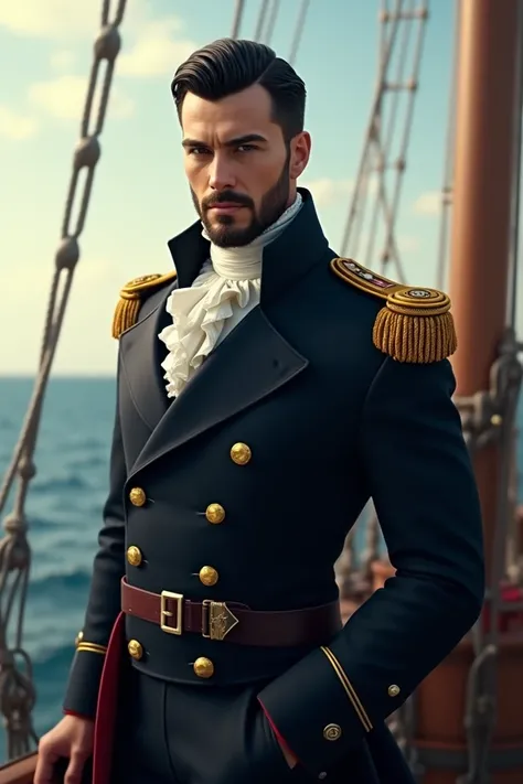  A handsome British Navy captain from the time of the pirates of the Caribbean, dressed , with short black hair and a well-groomed beard 