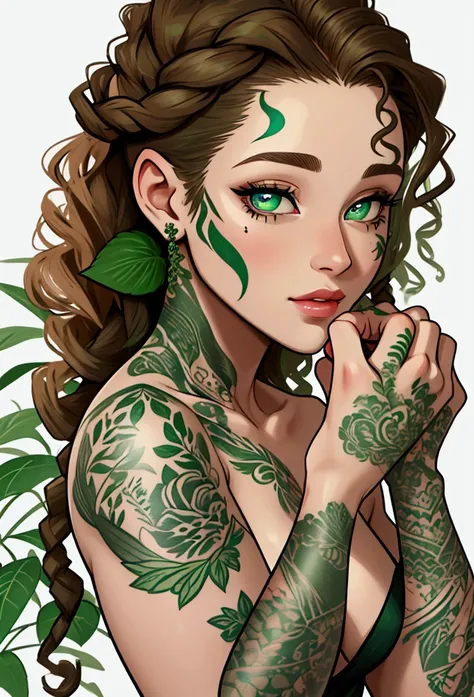  Drawing of a woman with full lips , white pele,  curly hair with green twigs on the sidecut cut. Your eyes are one of the house color one of your eyes is green and the other brown. She has flower tattoos on her hands 