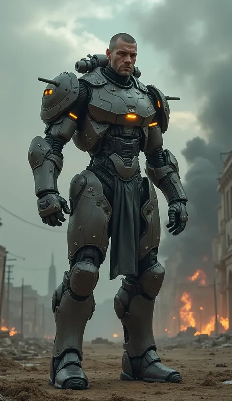 Hyper-realistic, towering cyborg warrior with glowing mechanical enhancements, standing in a desolate wasteland, expression intense and somber, body covered in battle-worn armor with visible scars, dark sky above filled with smoke and ash, broken city ruin...