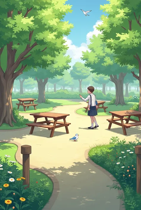 Create a park with ren with benches,  birds , picnic tables ,  flowers and trees . 