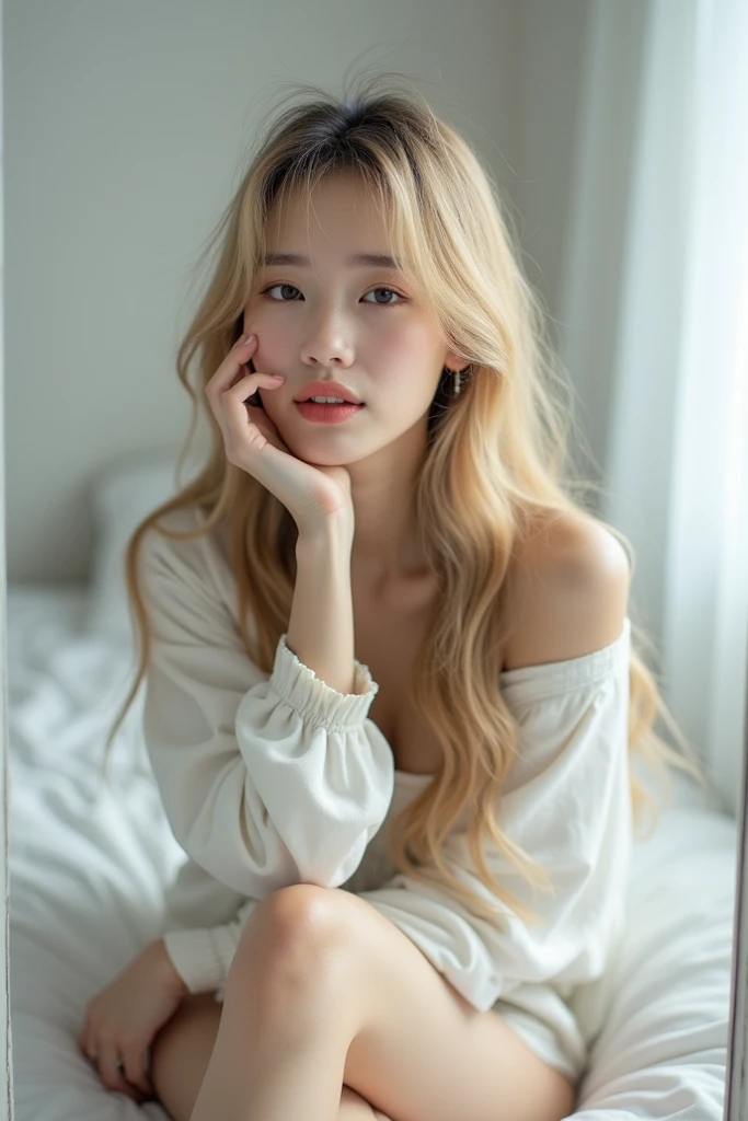 Korean blonde with long hair and busty bangs , super charming and cute taking a picture in the mirror sitting on a white bed