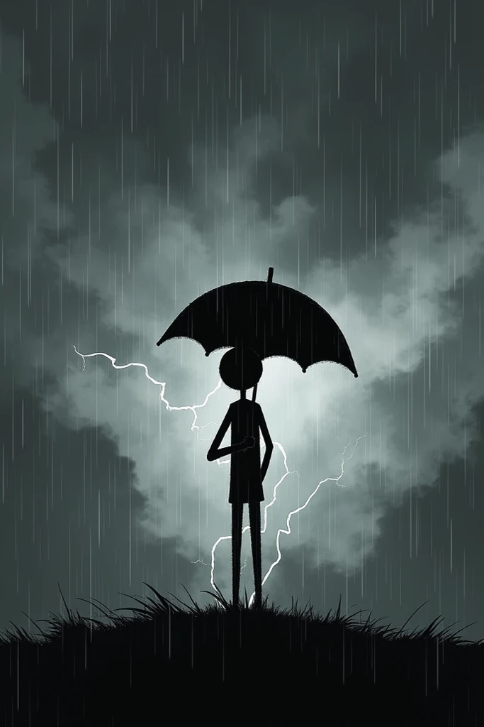  Stickman person who thinks above an object with an umbrella in his hand that makes it covered by rain, Wind and lightning .  It also creates a black and gray sky with dark clouds 