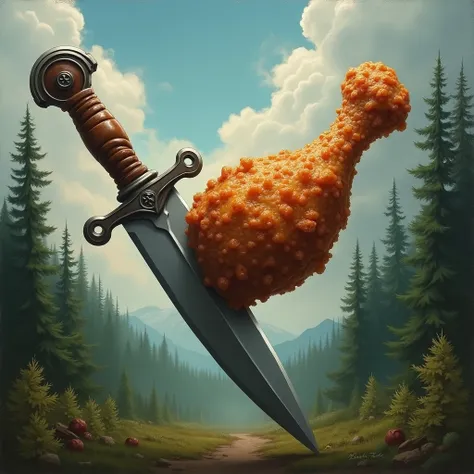 only 1KFCs oil-fried chicken leg lies on a dagger. Close-up of leg . Forest and clouds in the background..
 Highly detailed The image is made with oil paints .