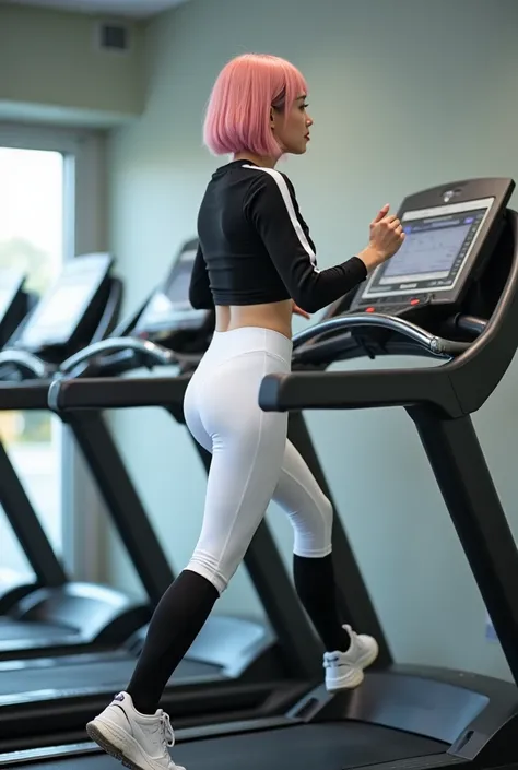 whole body,Running on a treadmill, Enjoy Your Workout , 20-year-old Japanese woman turning her butt ,cute,Idol,Idol,  Portrait,Model,  short bob,bangs, pink hair, small breasts,Gloss,super high waisted white long length leggings,( small ass  ), Short Black...