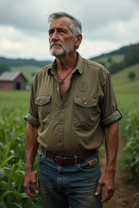 Male farmworker with a face of uncertainty and concern, man of 50 years