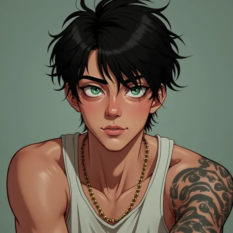  Very attractive handsome young man with messy black hair and light jade eyes, Eye ring,  sleeveless shirt,  tattoos on the left arm , seductive posture ,  black hair,  masterpiece,  Anatomically Correct ,  Textured skin , Retina, blush,  Light smile, Seri...