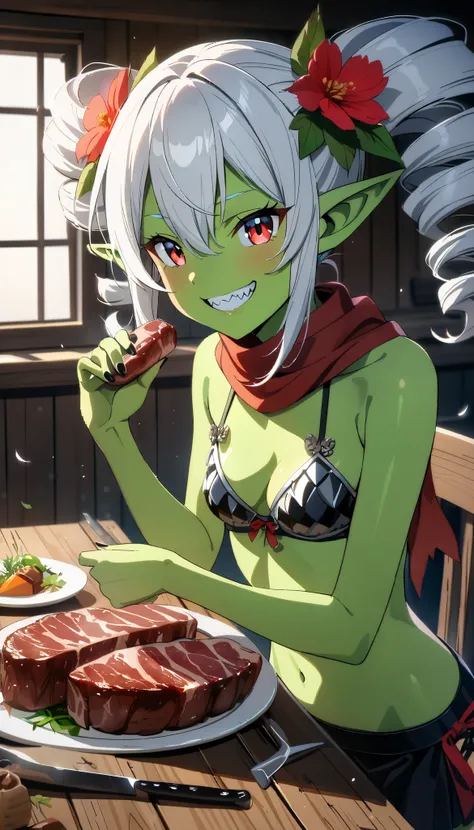 anime style,(best quality,4k,8k,highres,masterpiece:1.2),ultra-detailed, perfect eyes, perfect face, perfect lighting, photo,BREAK, 
goblin-girl,( jagged teeth:1.2),(green-skin:1.3), red-eyes,skinny, (small-breasts:1.2),pointy-ears, (twin-drills:1.2), (flo...