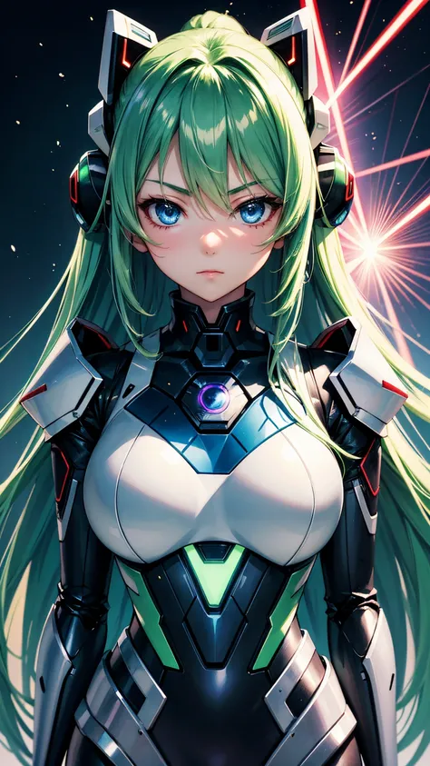 super beautiful face, japanese girl,  long straight hair, high school student, anime style,robot suit, blue light laser beam, green hair, big bust