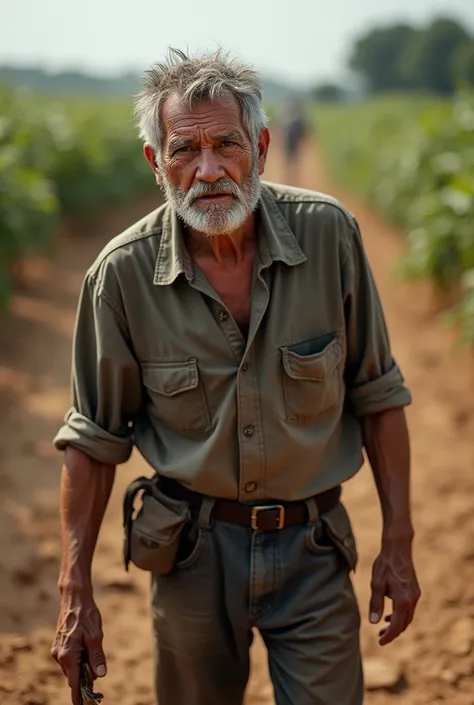 Male farmworker with a face of uncertainty and concern, man of 50 years , with a dry floor behind 