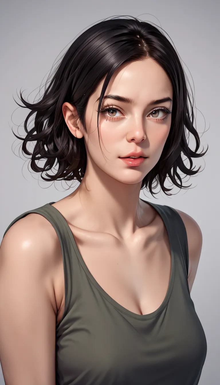 model, short black hair, curly, photorealistic,