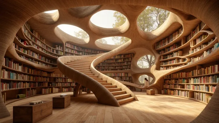 eine Nahaufnahme einer Wendeltreppe  in a library  mit Bücherregalen,  a digital representation of Zha Shibiao ,  trend on CG society , surrealism, fancy library , extensive library, fantasy architecture, Ancient Library, dusty library,  organic architectu...