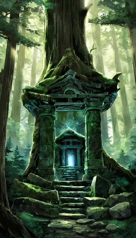 An ancient stone shrine hidden deep within a dark forest. Moss-covered stones and gnarled trees surround the shrine, giving the place an aura of mystery and ancient power. A faint, ethereal glow emanates from within the shrine. Anime/manga style, emphasize...