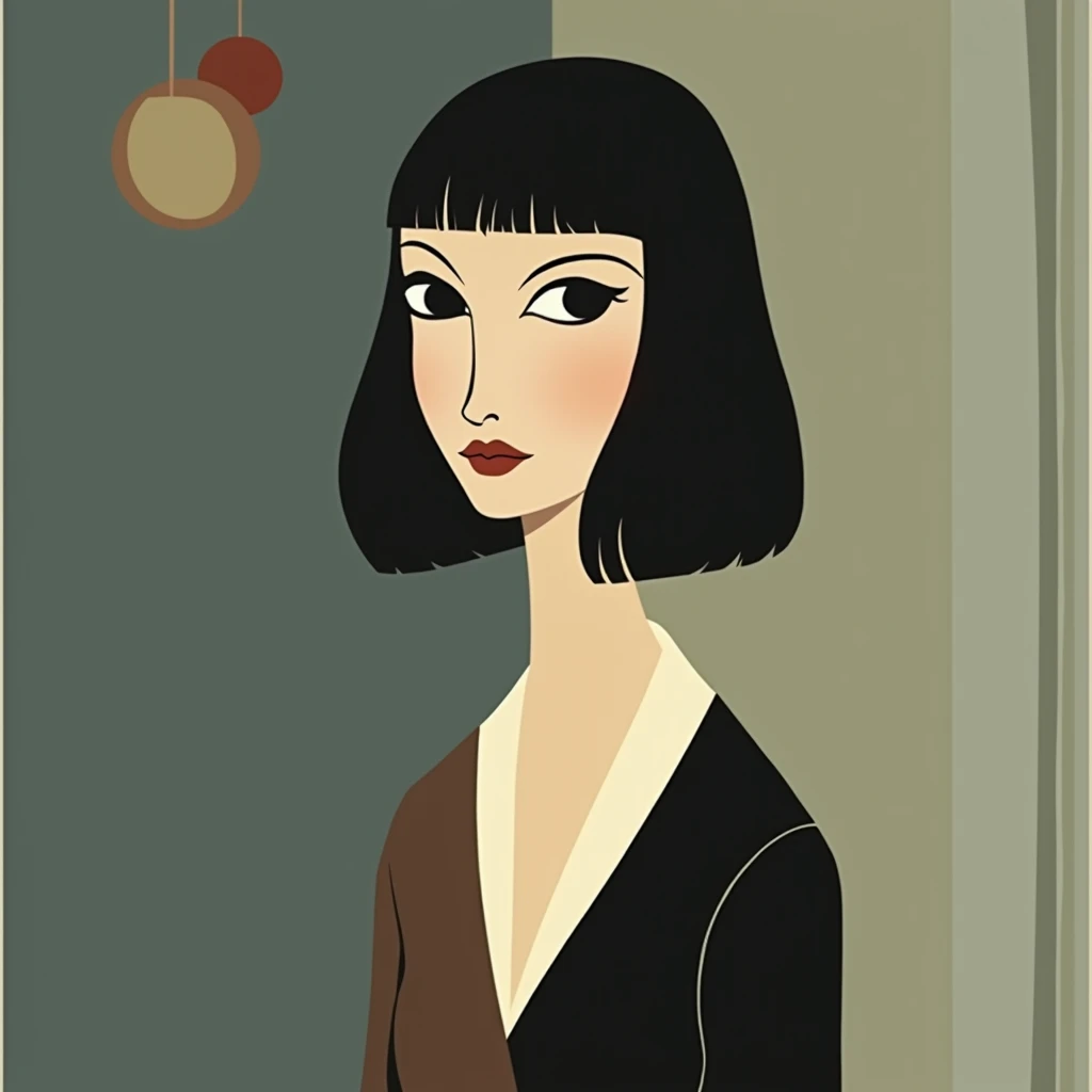 A minimalist portrait of a melancholic woman with elongated facial proportions, large expressive eyes, and a straight black bob hairstyle, wearing a simple two-tone garment rendered with smooth, refined lines and soft geometric accents inspired by Tamara d...