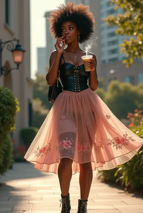 A curvaceous Black woman in a blush-colored tulle tea-length skirt with scattered embroidered floral details, styled with a fitted black leather corset top and ankle-length boots. She carries a miniature backpack, her afro haloed by sunlight as she sips ic...