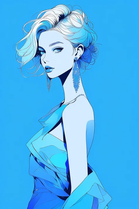 Illustrator, realistic,sketch , 1 person,  Beautiful Girl,  Slim Earrings Supermodel, lip,  coquette dress,  Blue Gradient Background , Neon Medium Hair , He is standing, pose sexy,  Texture Cutout , ( masterpiece , Highest quality ) 