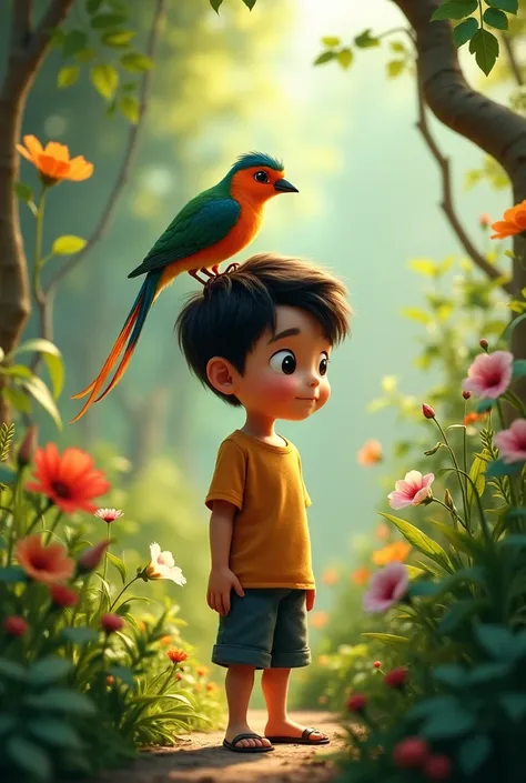 A single boy stand in garden and flying brird sit on his shoulder 