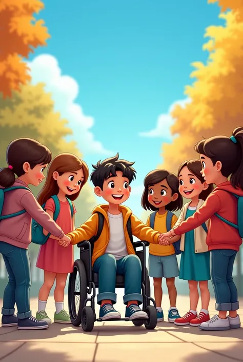 A drawing of a boy named Nico who uses a wheelchair and his classmates holding hands,  forming a circle ,  against a background of blue sky and colorful trees . at school 