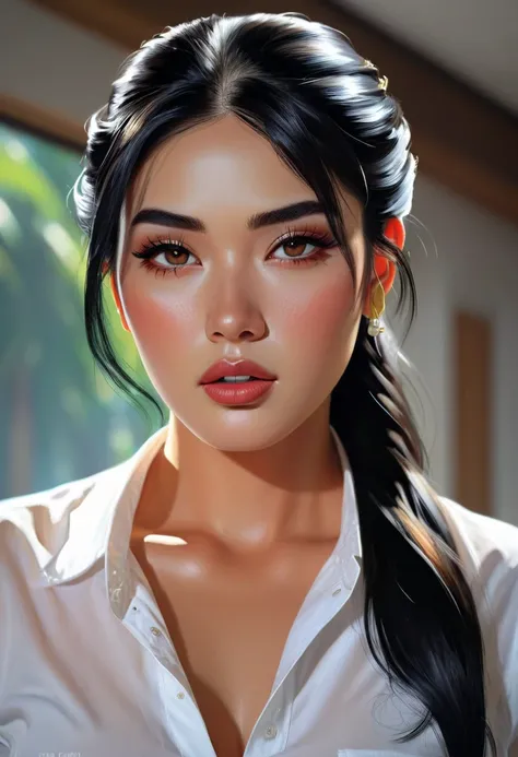 Close-up of a woman in a white shirt and with black hair, portrait of modern darna, Cindy Avellino, stunning beauty, inspired by Reyna Rochin, stunning beauty, inspired by Pia Fries, fanart, Asian face, sensual expression, looks like laura barriales, south...