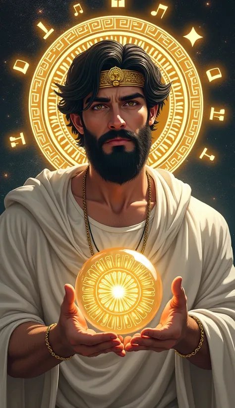   Greek man specializing in music with short black hair and a black beard and a golden Greek headset, dressed in white,   holding the YouTube symbol  ,   Art Nouveau  , Beautiful Heavenly Witch ,   detailed realistic art  ,   fantasy illustration,  shadowv...