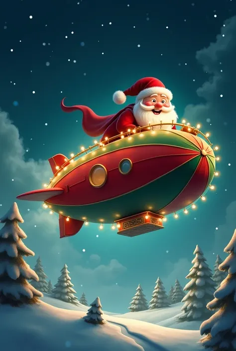 Santa piloting a bright red and green blimp with Christmas lights glowing in the night sky.