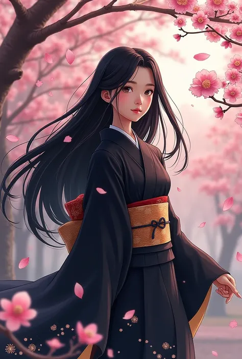 A stylist girl animates long black hair dressed in black kimono on a cherry tree