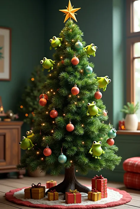 A Christmas tree covered in ornaments shaped like live frogs, hopping on and off the branches.