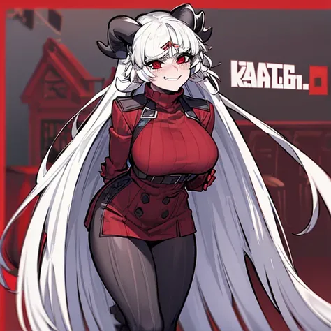 modeus(helltaker), black horns, large breasts, simple background, red eyes, long sleeves, closed mouth, symbol-shaped pupils, clothes tug, white background, black thighhighs, solo, sweater, long hair, white hair, medium hair, demon tail, sleeves past wrist...