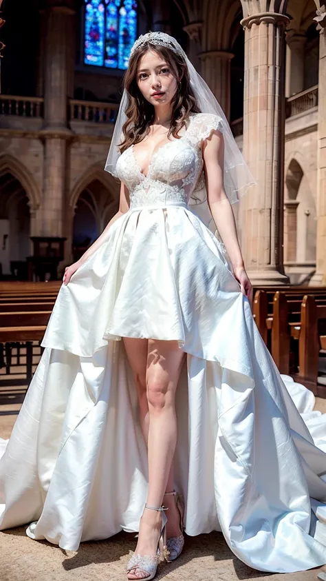 A beautiful young Japanese woman, 26 years old, with healthy thighs, beautiful legs, flawless skin, random hair color and style, large breasts, wearing a (wedding dress:1.3), full body shot, high heels, holding a bouquet in her hands, in a church setting, ...