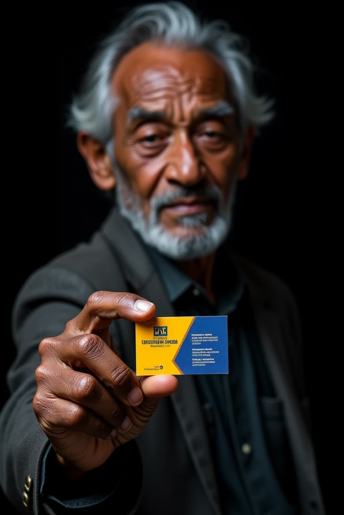 Oldest black man  take by his hand Business card mixed blue yellew black  background which is M.A.N Construction Materials P.L.C its background black