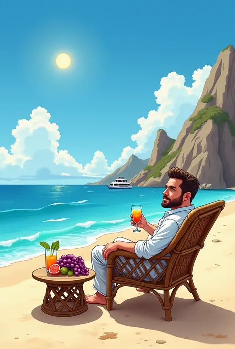 cartoony,  painted in watercolor , BRIGHT, detailed , 2D, A man is sitting in an armchair , , the face is directed towards the viewer , with its back to the sea ,  looks at us, , the wicker chair stands on the shore on the sand ,  against the background of...