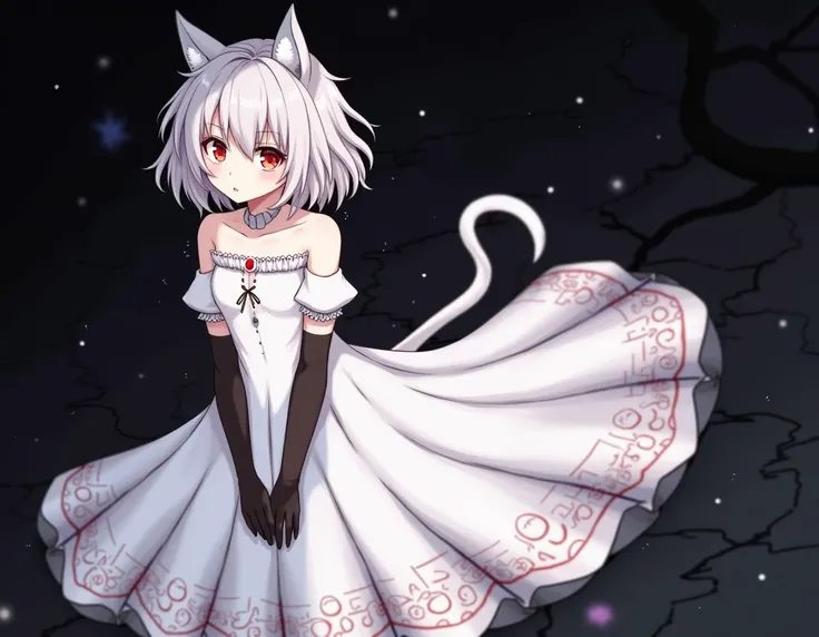 Shiro(sewayaki kitsune no senko-san)} White dress with a print crescent moon, Black Shoulder Length Gloves, Black stockings, one white tail, black Backgrounds, Red Eyes.